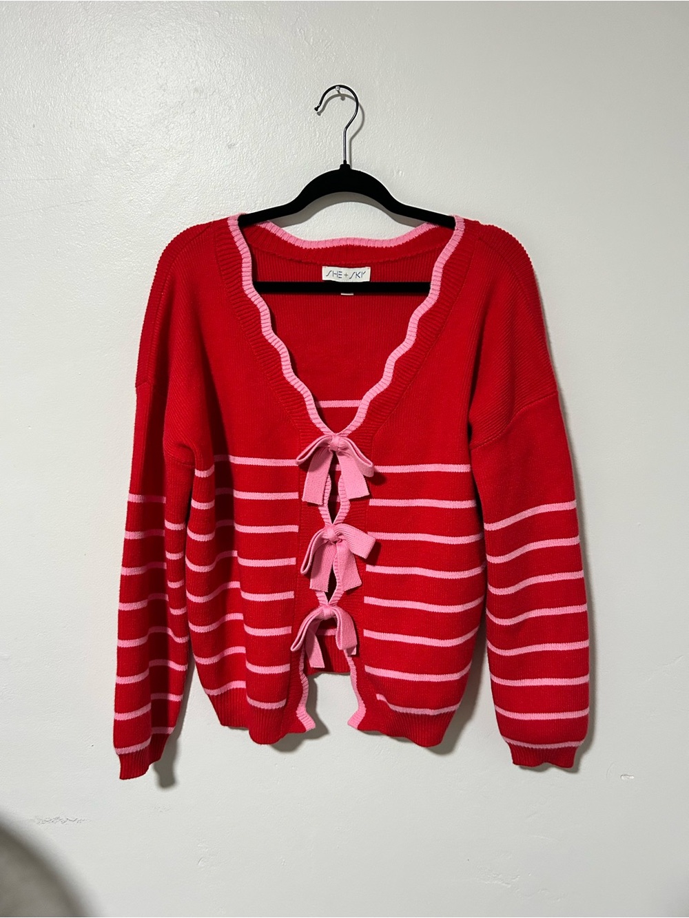 She + Sky Pink Stripe Bow Tie Cardigan Sweater Coquette Medium